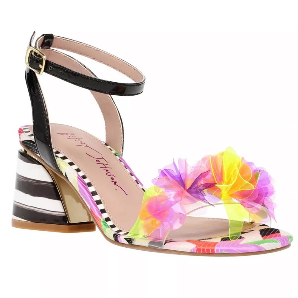 Betsey Johnson Multicolor Floral Ruffle Ankle-Strap Block Heel Sandal